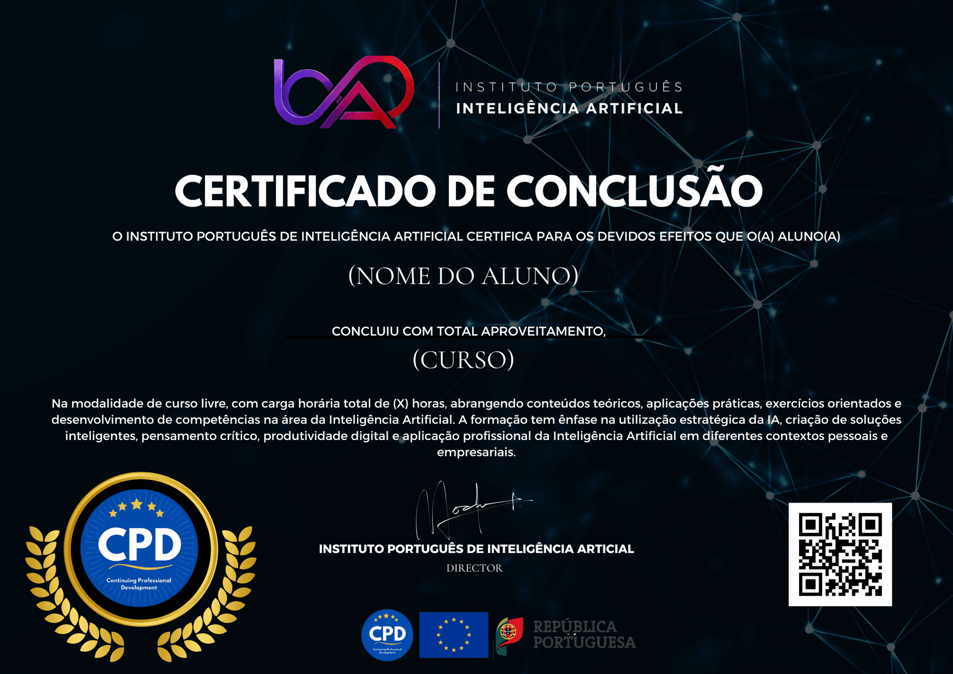 Certificado oficial de conclusão do Instituto Português de Inteligência Artificial — Formação Gratuita de IA
